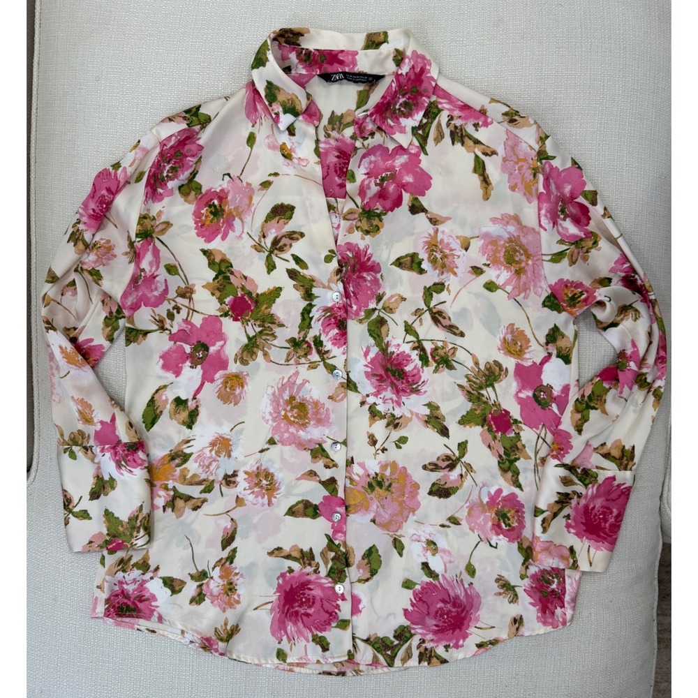 Zara Floral Blouse Womens Medium Pink Botanical Satin Button Down Excellent